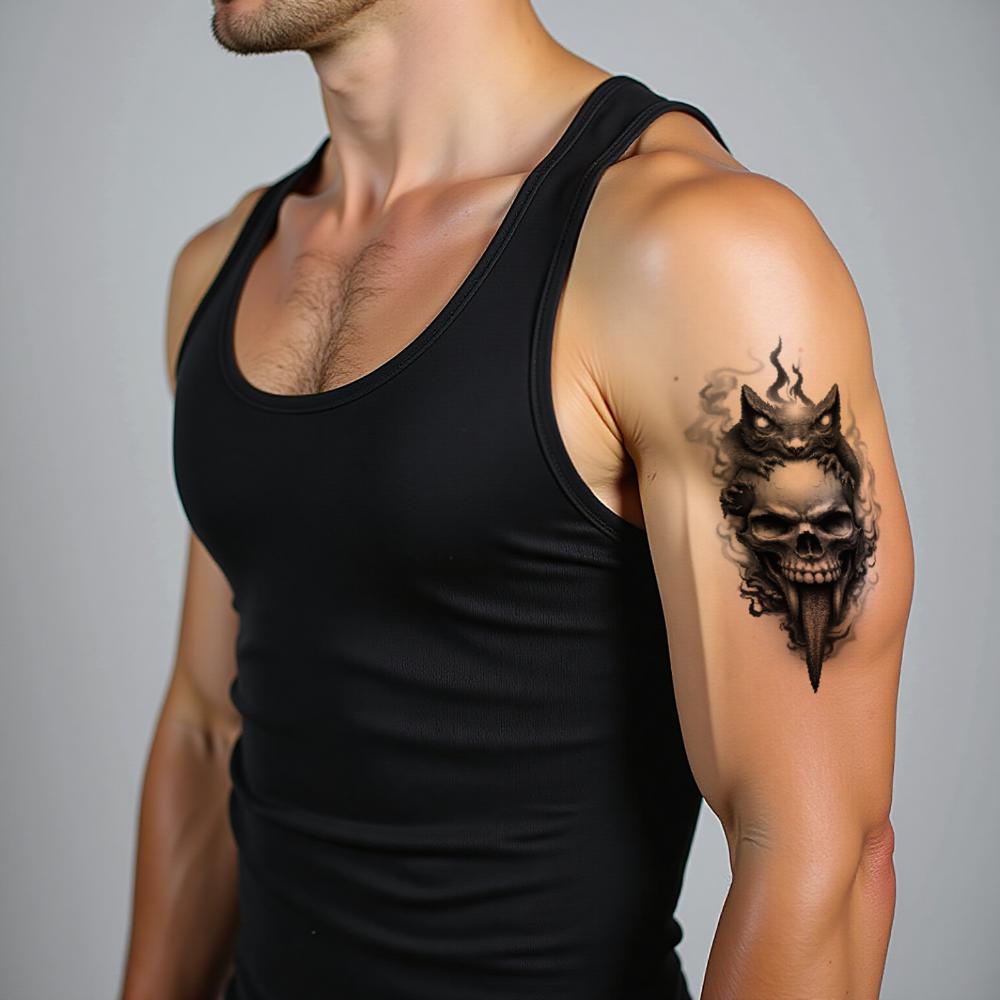 3pcs Temporary Tattoo Black And Grey Realism Demon Bat Skull Skull With Cat Skull With Eagle And Snake For Arms Thighs