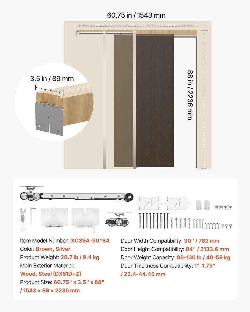 Pocket Door Frame Kit 762 mm Pocket Door Kit with Steel Studs, For Home Doors, Two-Way Soft Close Mechanism, Smooth & Quiet Sliding, Space-Saving