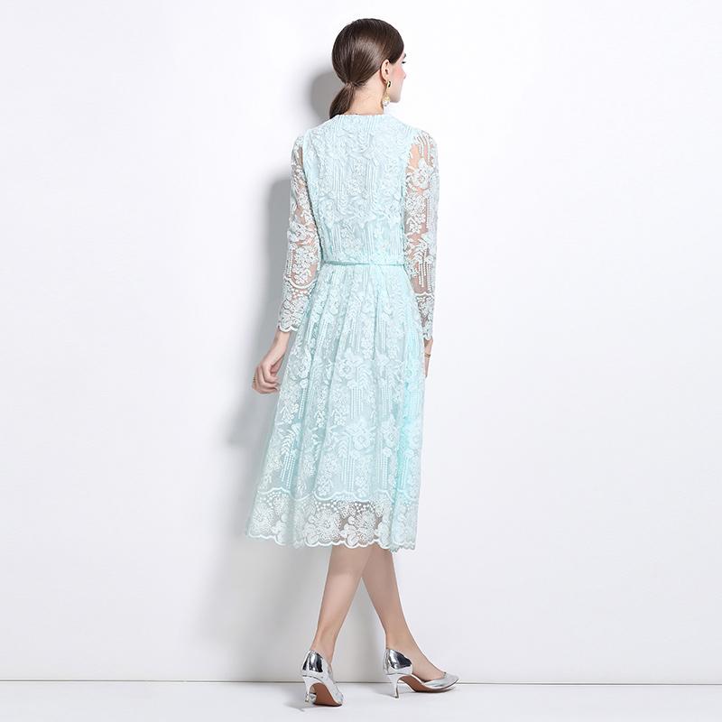 Female Floral Embroidery Two Piece Set Women Suit Elegant OL Long Sleeve Shirt Midi Skirts 2 Piece Outfit