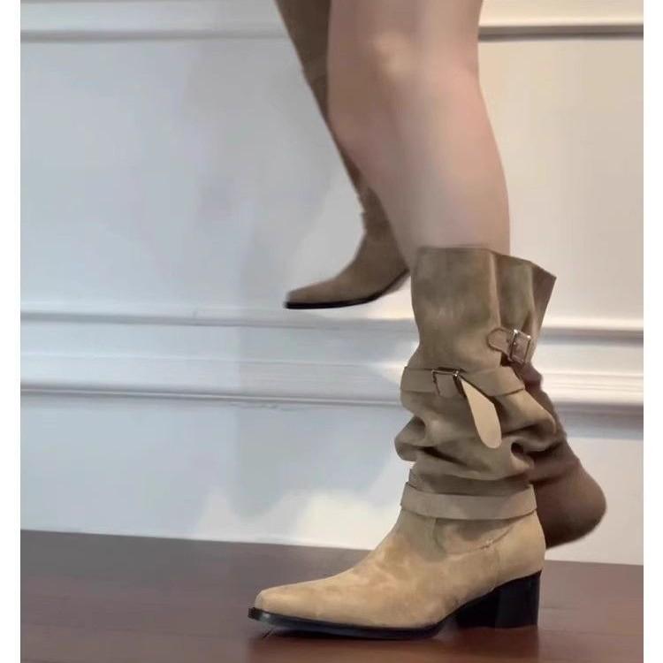 But knee boots women's autumn and winter khaki suede fashion boots women's thick heel thin pleated piled boots