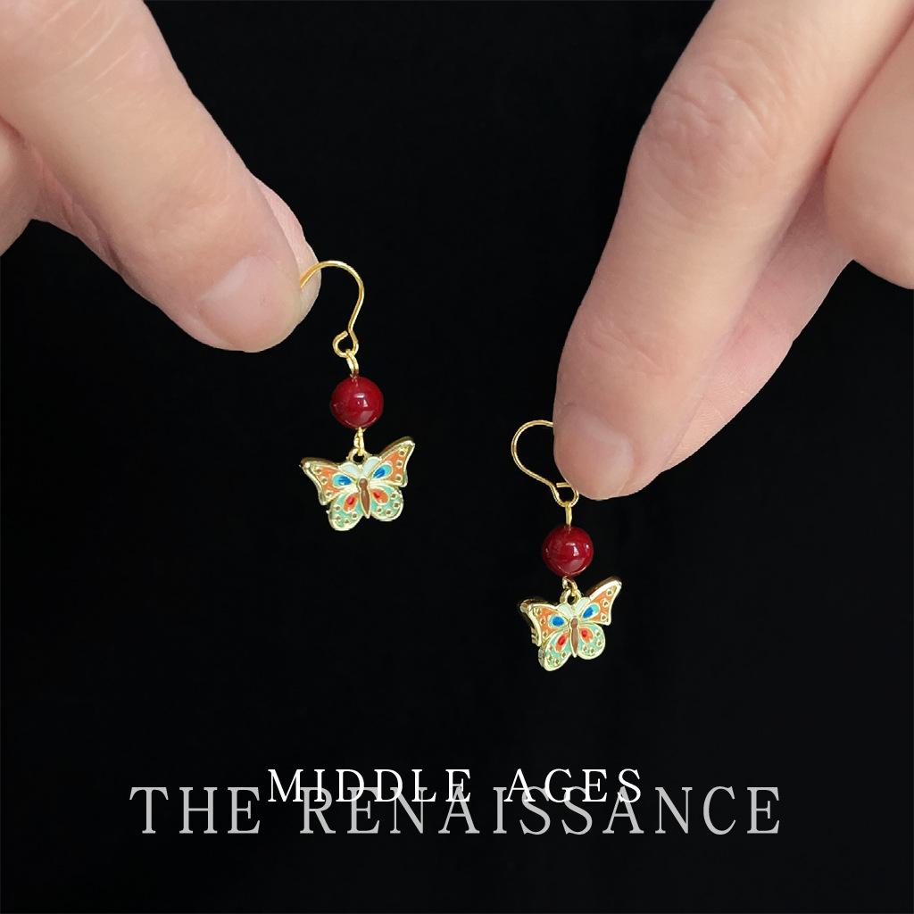 Enamel oil drop butterfly ear hook retro literary earrings French court style ear jewelry