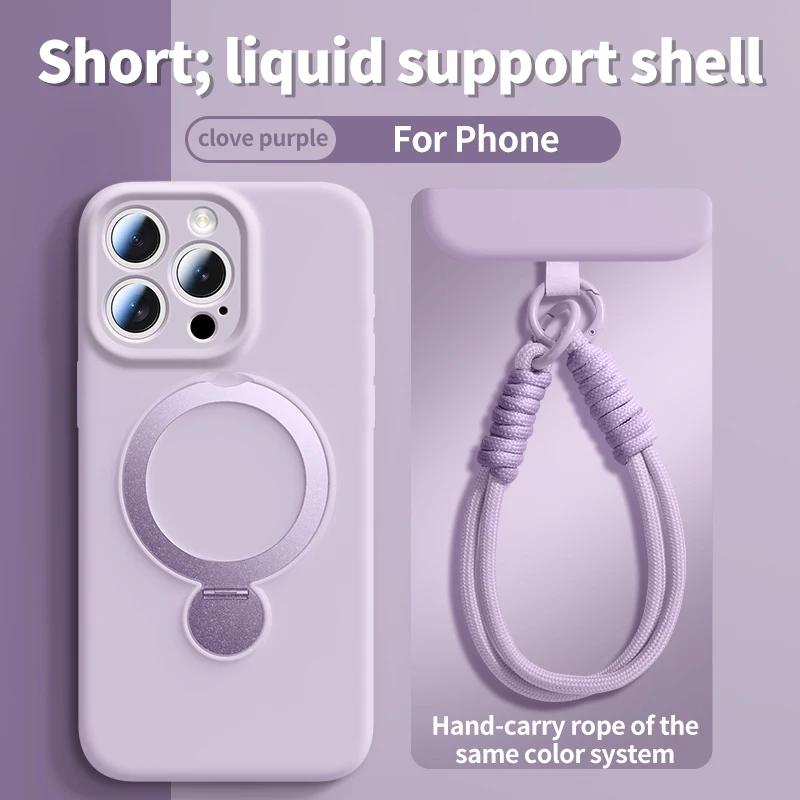 Liquid Silicone Magnetic Phone Case For Magsafe IPhone 13 14 15 16 Pro Max With Hanging Wrist Rope Strap Bracket Protective