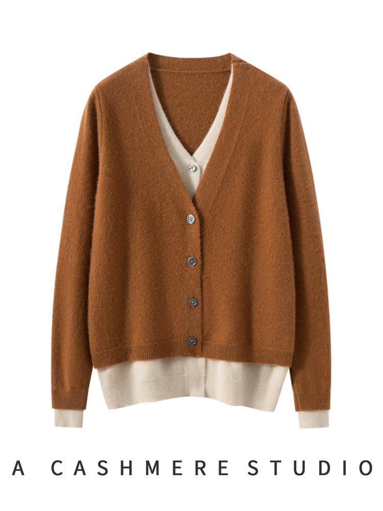 Soft, Skin-Friendly Cashmere Knit Color-Block Cardigan - Single-Breasted, Loose, and Slimming for Autumn/Winter Women's Wear