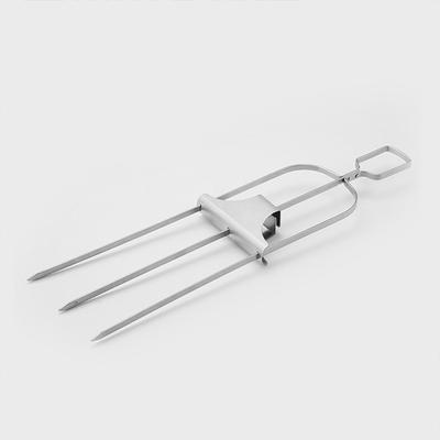 Three-Pronged Grill Fork BBQ Outdoor for Grilling Meat Chicken Sausages Vegetables Shrimp Stainless Steel Skewer Semi-Automatic