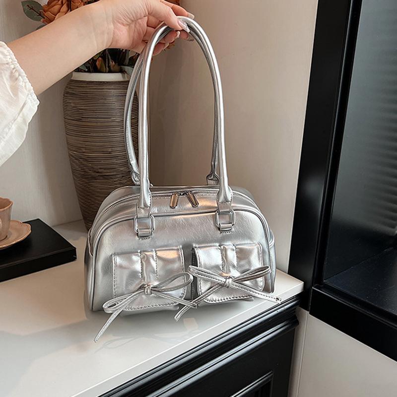 Cute Bow Tie Design Underarm Bags for Women Fashion Handbags and Purses Pu Leather Simple Trend Pillow Shoulder Bag KTY