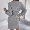 Autumn Winter Women's V-neck Sweater Dress Solid Color Hollow-out Lantern Sleeves Knitted Bodycon Dress