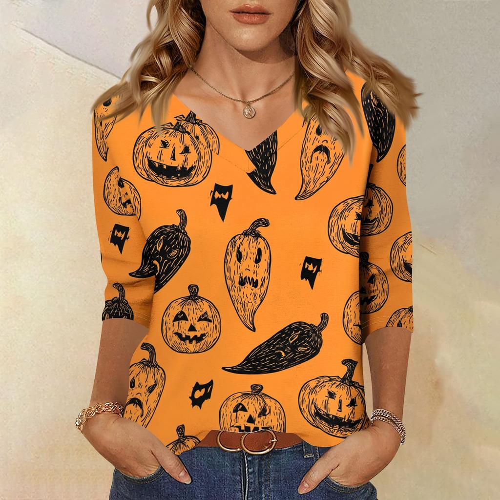 Women's Casual Halloween Print V Neck Top Three Quarter Sleeve Lightweight Blouse for Fall Seasonal Wear
