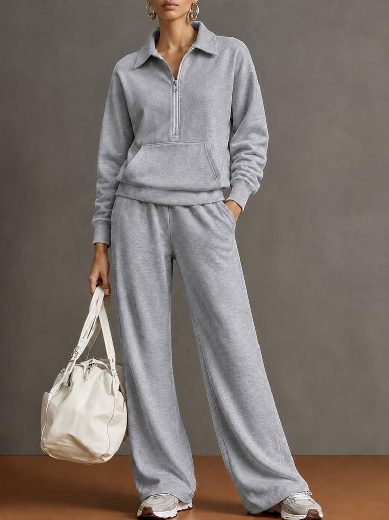 Conjunto de chándal de 2 piezas para mujer, sudadera con media cremallera y cuello, pantalones de pierna ancha, conjunto informal holgado para otoño e invierno