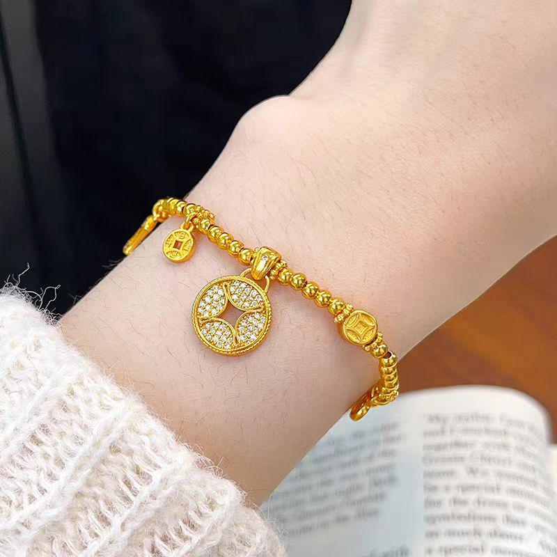 Gold-Plated Diamond Copper Coin Bracelet: Women's Chinese-Style Beaded Jewelry
