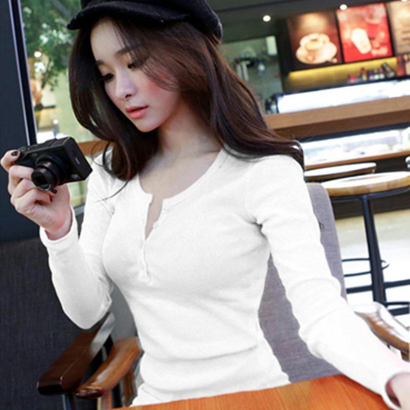 Women's Autumn Slim Fit Ribbed Long Sleeve T-Shirt with Half Open Collar