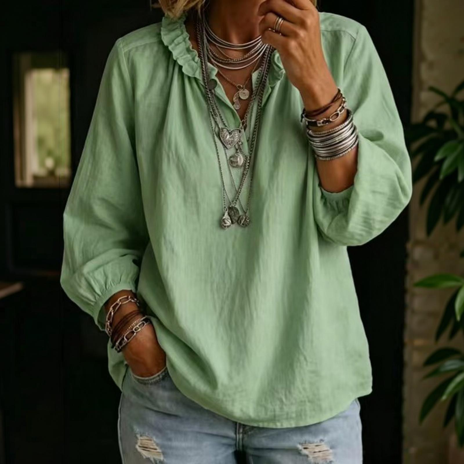 Women s Long Sleeve V Neck Pullover Blouse Loose Fit Casual Top L