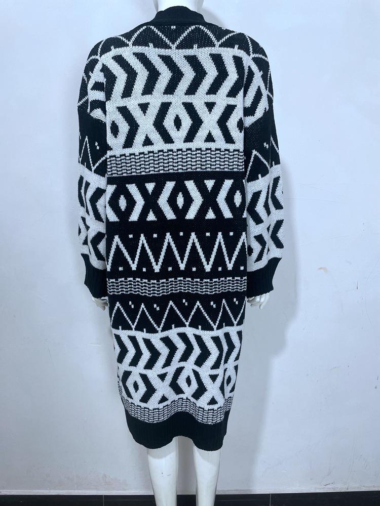 Damen Jacquard Strick V-Ausschnitt Locker Geometrischer Pullover Strickjacke - Herbst/Winter