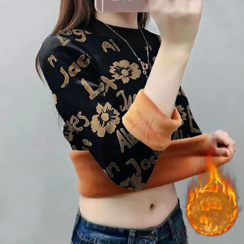 Plus Velvet Pullover Warm Gold Velvet Female Letters Thickened Autumn and Winter Large Size Long-sleeved Half-high Collar Bottoming Shirt