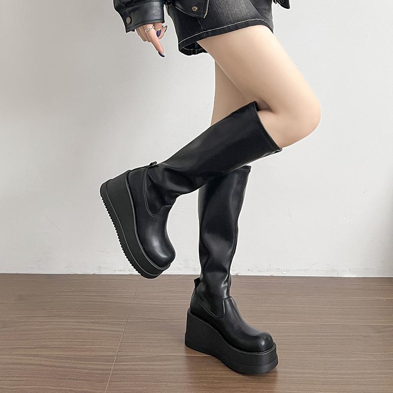 Punk Stil Plateau Keilabsatz Damen Kniehohe Stiefel Mode Slip On Höhenerhöhung Weibliche Ritter Stiefeletten