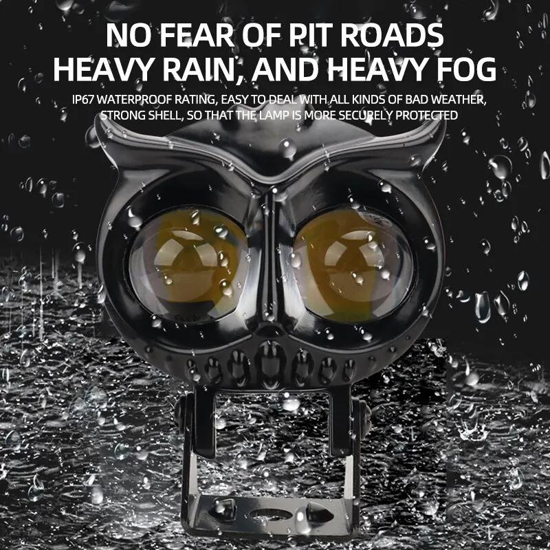 2PCS Dual Color Motorcycle Headlight Owl Design 4 Modes Auxiliary Spotlights Motorbike Scooter Fog Lamp Running Lights