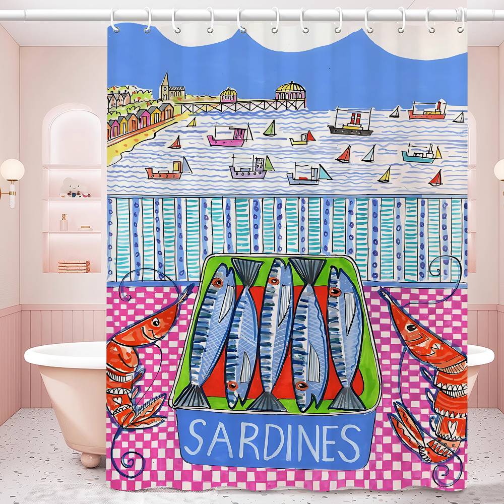Colorful Sardine Lobster Fish Ocean Bathroom Curtain Classic Anime Fabric Shower Curtain With 12 Hooks Waterproof Bathroom Decor