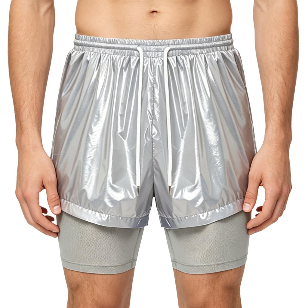 Herren Zweilagige Badeshorts Kordelzug Elastischer Bund Wasserdicht Fitness Schwimmen Sportshorts