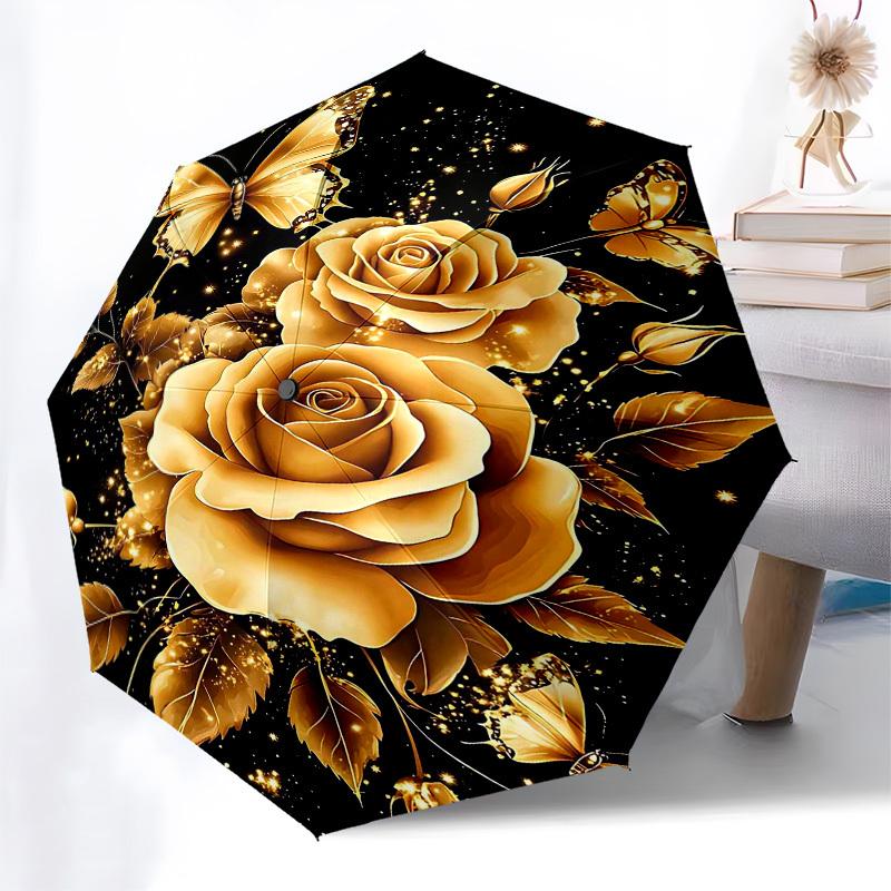 1PC Golden Roses Butterfly Umbrella-8-Rib Reinforced, Automatic Open, Lightweight & Durable, Fashion Accessory for Outdoor, Beach L0361