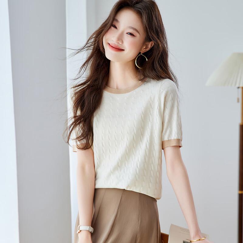 Women's Silk Blend Color Block Knitted Short Sleeve Top