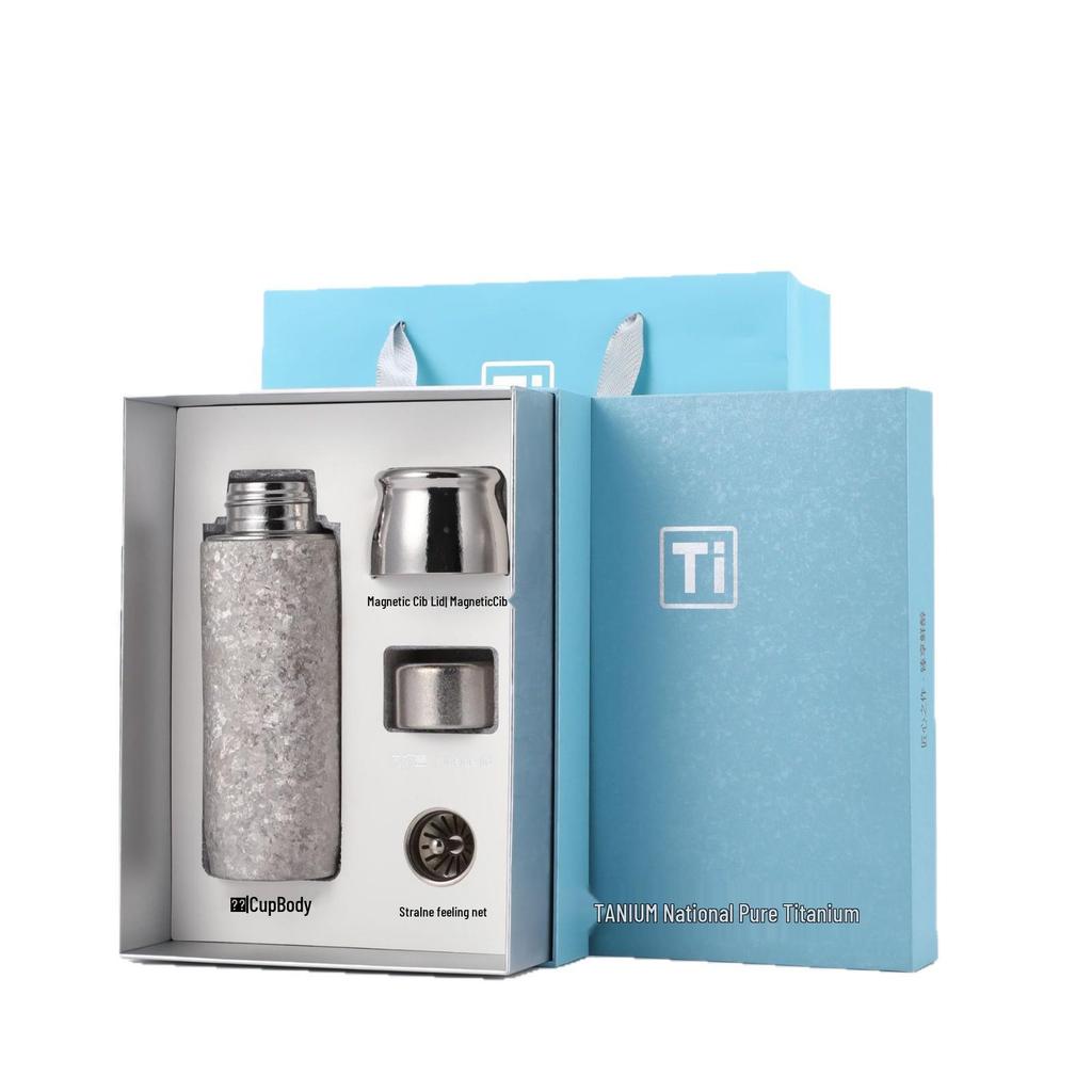 Pure Titanium Insulated Cup with Magnetic Lid - Antibacterial Tea & Water Separation, Direct Lift, Gift Box Packaging for Business or Health Use.