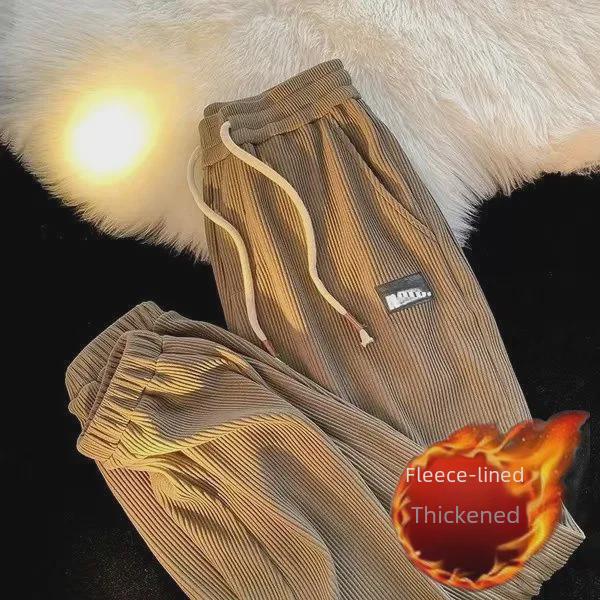 Men's Corduroy Cuffed Casual Pants - Loose Hong Kong Style, Versatile for Autumn and Winter, Trendy Design Sports Pants by [Brand Name]