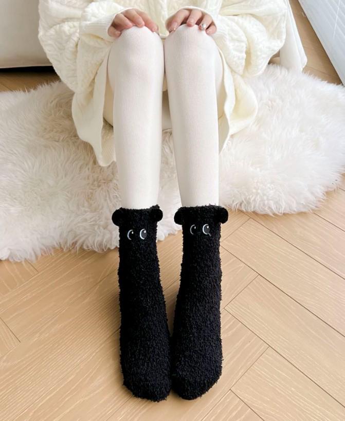 Japanese Coral Fleece Bear Cartoon Mid-Calf Socks - Autumn/Winter, Non-Shedding Sleep Socks
