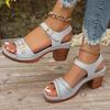 Fashion Round Head Metal Buckle Open Toe Heels Summer New Fashion Medium Heel Soft Sole Stitching Heels