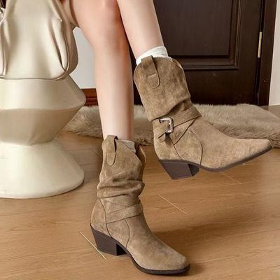Leather Boots Short Boots Women's 2025 Autumn Thin Medium Tube Knight Boots Suede Matte High Heel Western Cowboy Boots