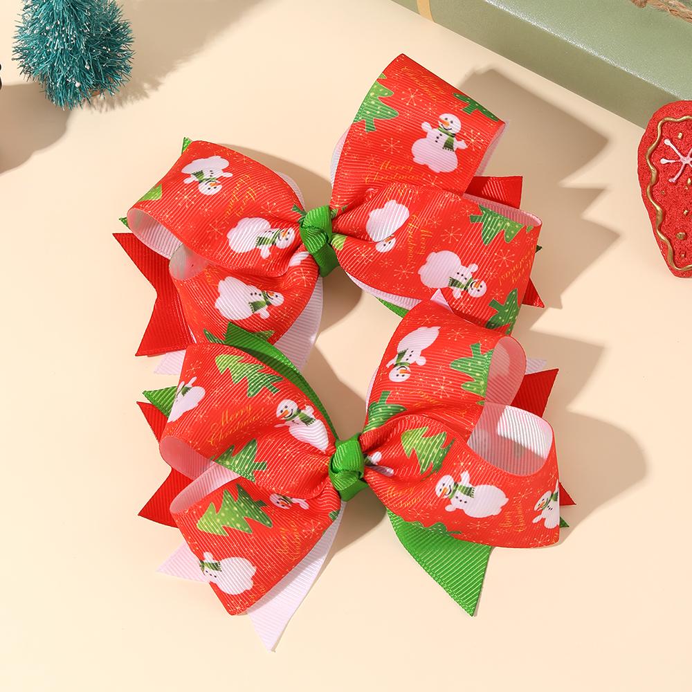 2Pcs Christmas Bow Hair Clips Cute Snowman Print Bownot Hairpins For Girls Children Xmas Party Headwear Hair Accessories Gift