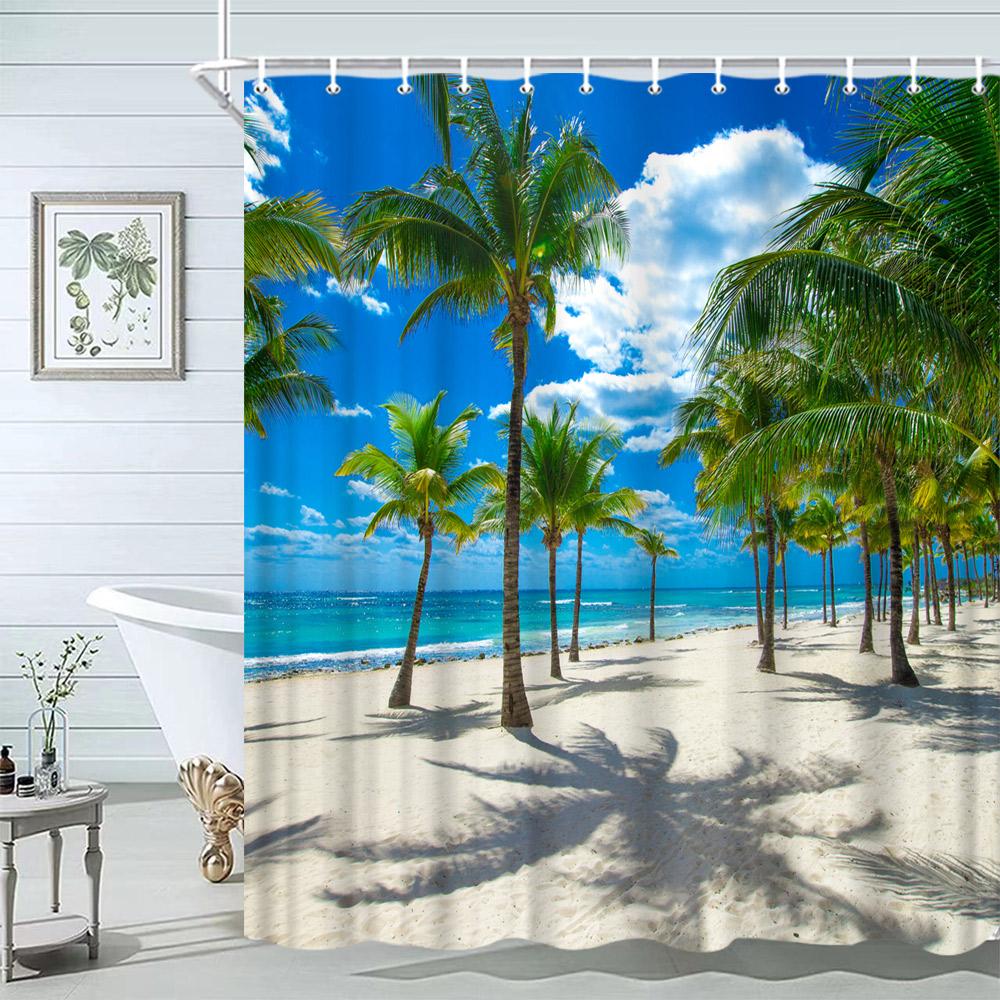 Starfish Beach Bath Shower Curtain Shells Rustic Wooden Planks Palm Trees Natural Landscape Printed Bath Curtains Bathroom Decor