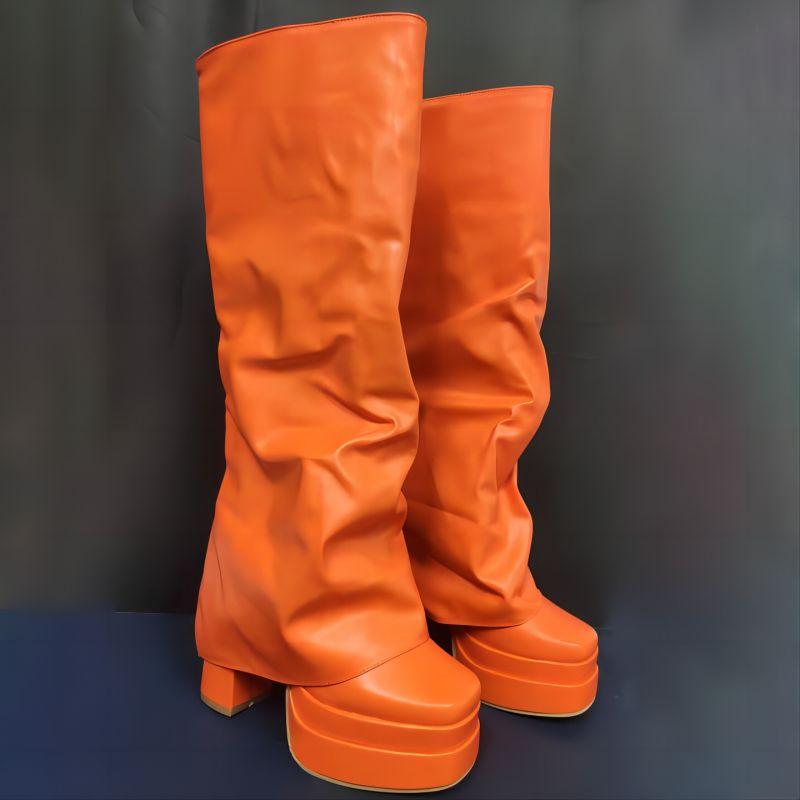 Fashion IPPEUM Fold Over Boots Women Orange Hot Pink Block Heel Knee High Plus Size 43 Platform Shoes y2k botas plataforma mujer