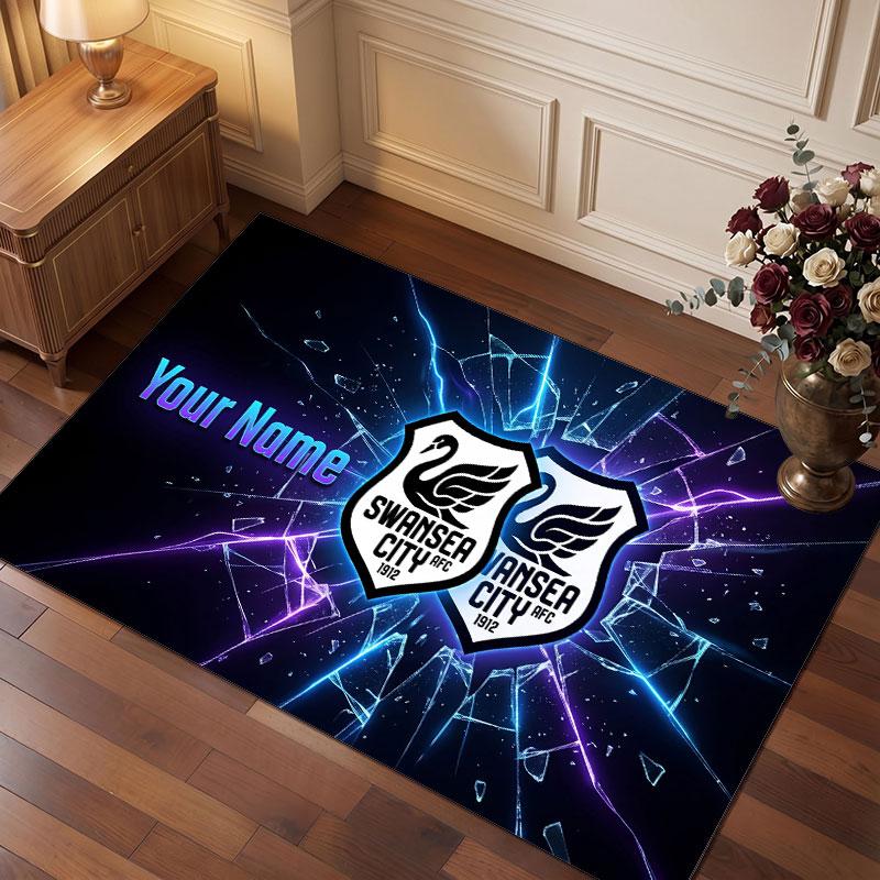 Swansea City FC Custom Crystal Velvet Rug, Personalized Name Text Print, Football Logo Soft Non‑Slip Floor Mat Home Decor Gift