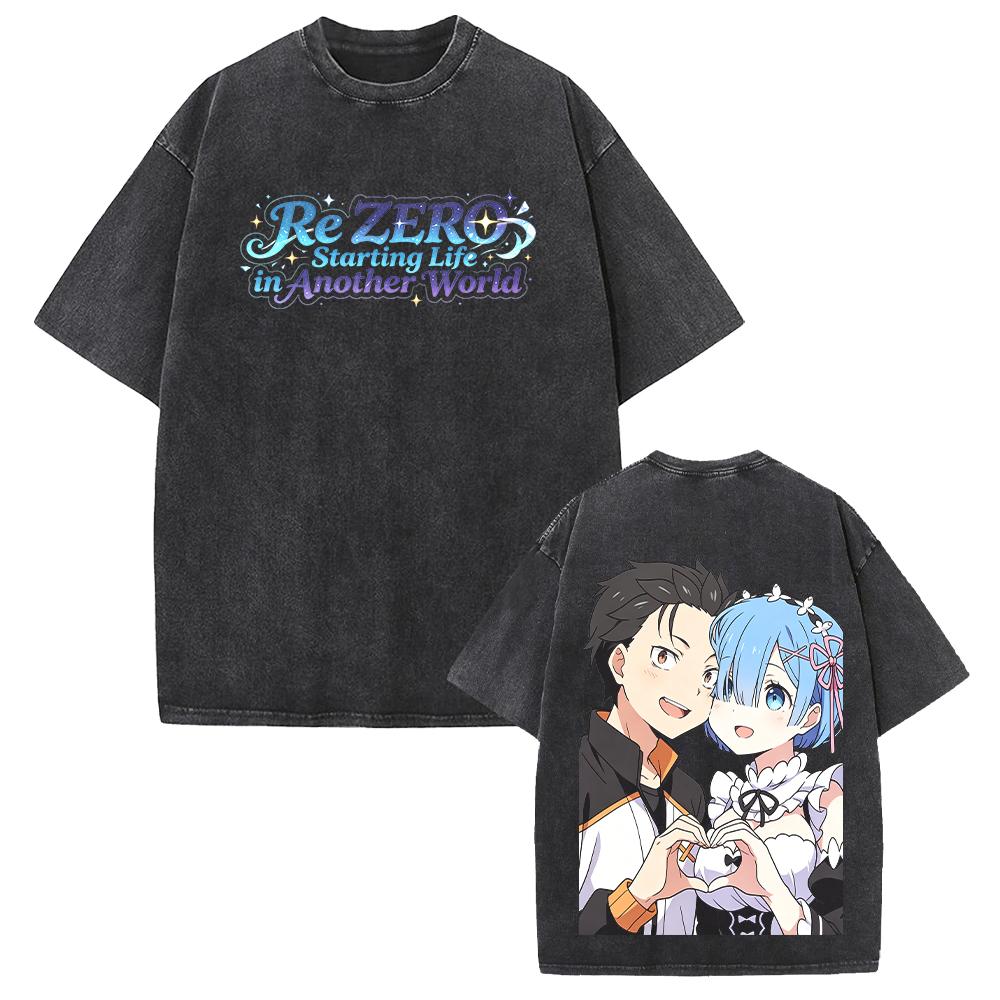 Rem And Natsuki Subaru Couple Print T-shirt Anime Re ZERO Clothing Men Women Cotton Tshirts Retro Washed T Shirt Oversized Tops