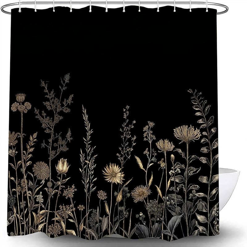 Black Gold Dark Floral Shower Curtain Wildflower Vintage Black Floral Aesthetic Botanical Flowers Farmhouse Chic Rustic Herbs Plant Leaves Nature Art 70 WX70 L