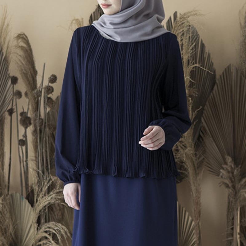 

ZANZEA Женская повседневная блузка с круглым вырезом и длинными рукавами с плиссировкой L тёмно-синий