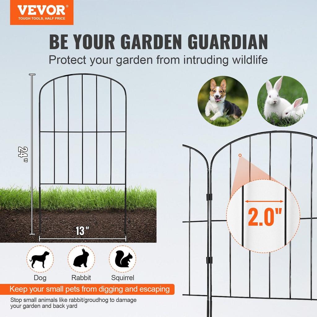 Garden Fence, No Dig Fence 24''(H)x13''(L) Animal Barrier Fence, Underground Decorative Garden Fencing with 2 Inch Spike Spacing, Metal Dog Fence for