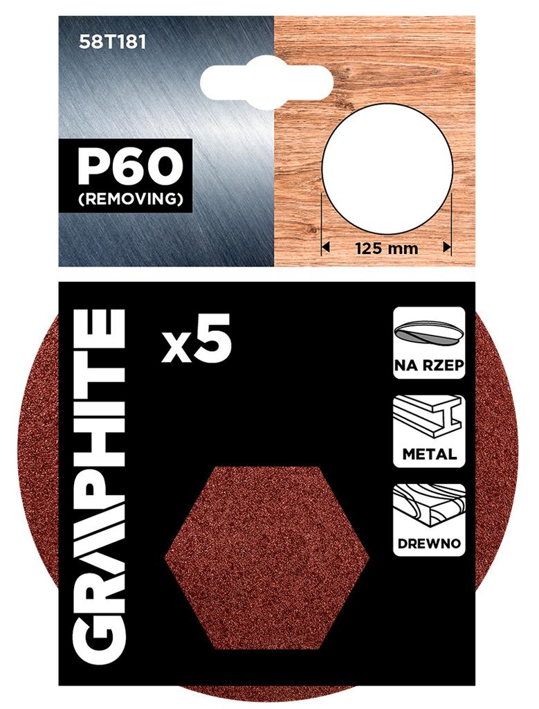 Krążki ścierne na rzep 125 mm, P60, 5 szt., bez otworów
