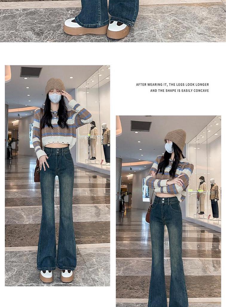 Women's Retro High Waist Fleece-Lined Flare Jeans – Autumn/Winter Slim Mopping Pants
