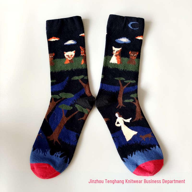 Șosete la modă cu pictură în ulei franceză: Șosete de vițel colorate, cu tub mediu-înalt, de nișă, la modă pentru femei