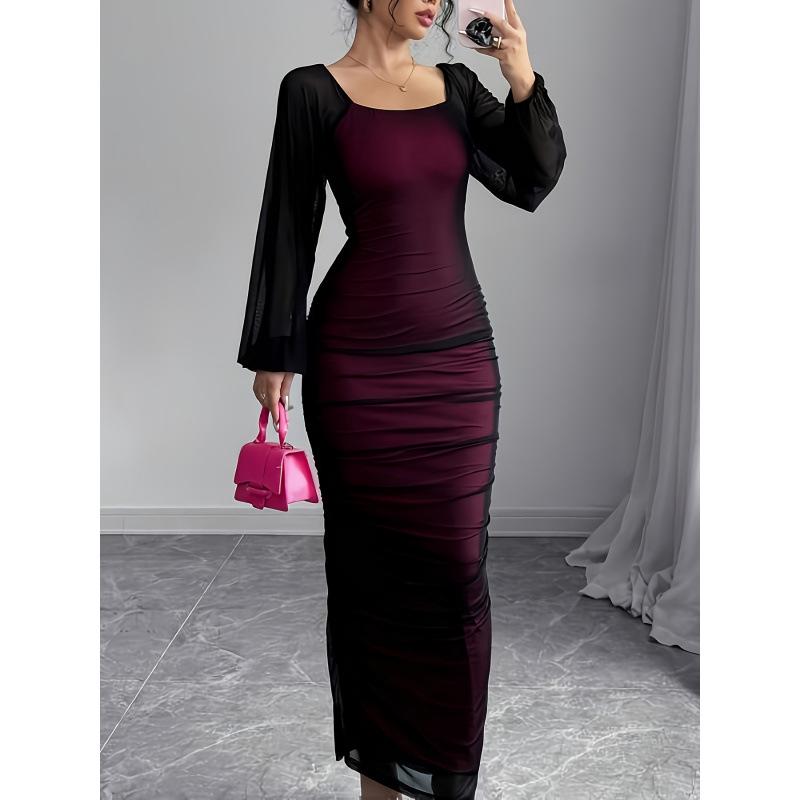 Элегантное осеннее женское платье с квадратным вырезом - Двухслойное кружевное сужающееся французское платье-карандаш XXL вино красного