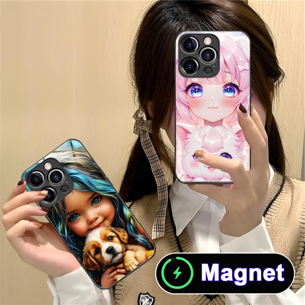 Girl Dog Puppy Glass MagSafe Mobile Phone Case for iPhone 17 16 15 14 13 12 11 Air Pro Max Plus Mini Colorful Cover