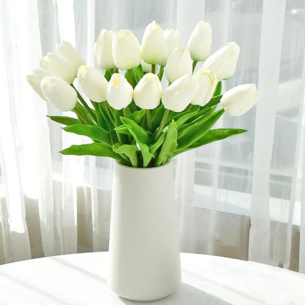15 PCS White Imitation Tulip Artificial Flowers Real Touch Tulips Faux Flower for Home Kitchen Wedding Dining Table Decoration
