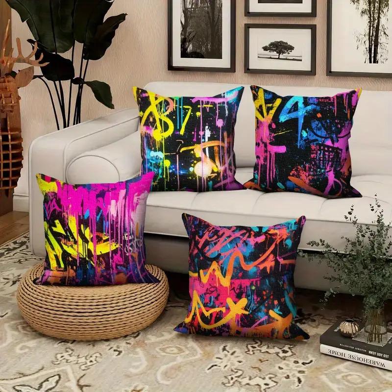 4 stuks Urban Street Art Graffiti Kussenslopen - Hedendaagse Graffitikunstenaar Kussenslopen met Ritsluiting, Machinewasbaar Sofa Bed Decor in Graffiti
