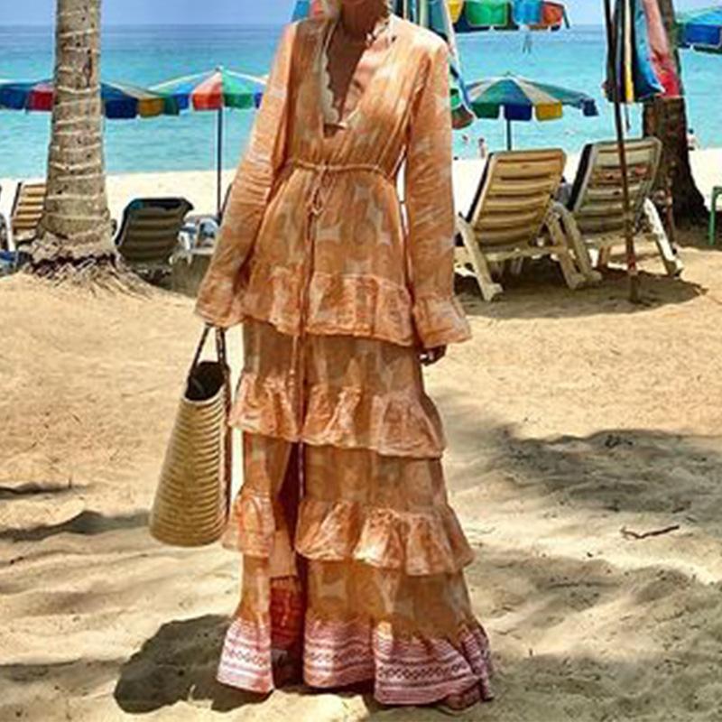 

Ladies, Autumn New Style, Fashionable Print, Bohemian Style, Vacation Beach Dress, Medium Length Dress XL имбирный