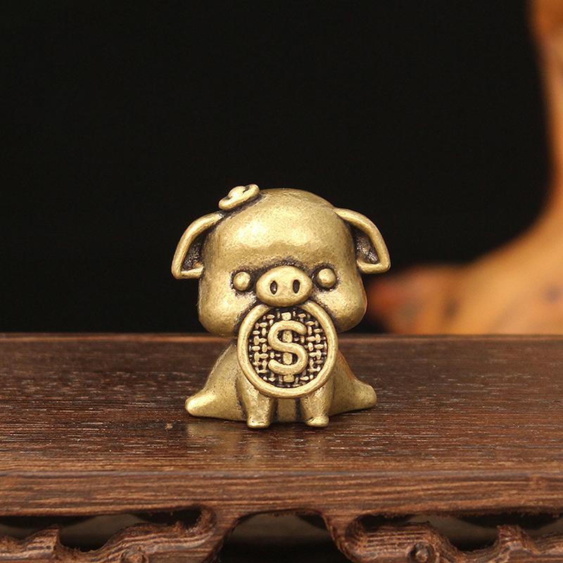 Brass Pig Bite Money Decoration Exquisite Miniature Decoration Retro Animal Small Craft Statue