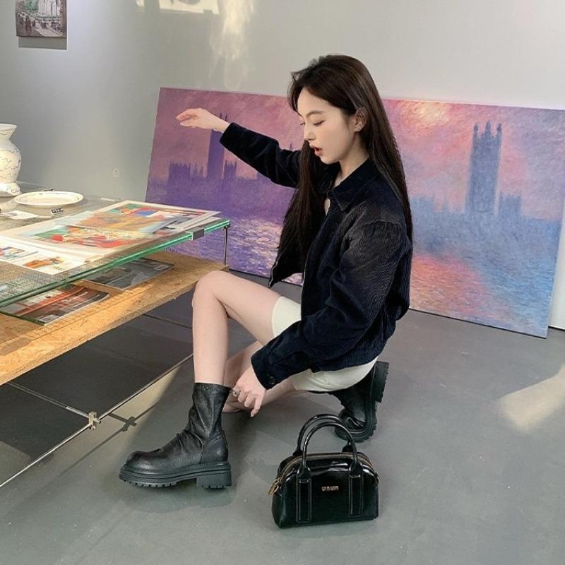 Thick-soled wrinkled elastic thin boots black short boots children's new summer and autumn Martin boots stacking boots