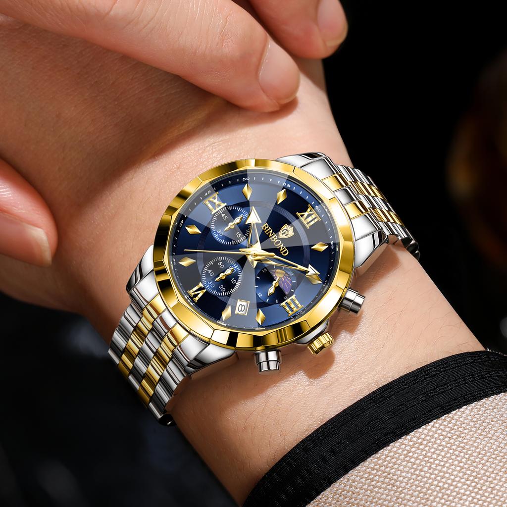 BINBOND Luxury Men's Watches Date Chronograph Stainless Steel Quartz Watch Waterproof Luminous Fashion Man Wristwatch