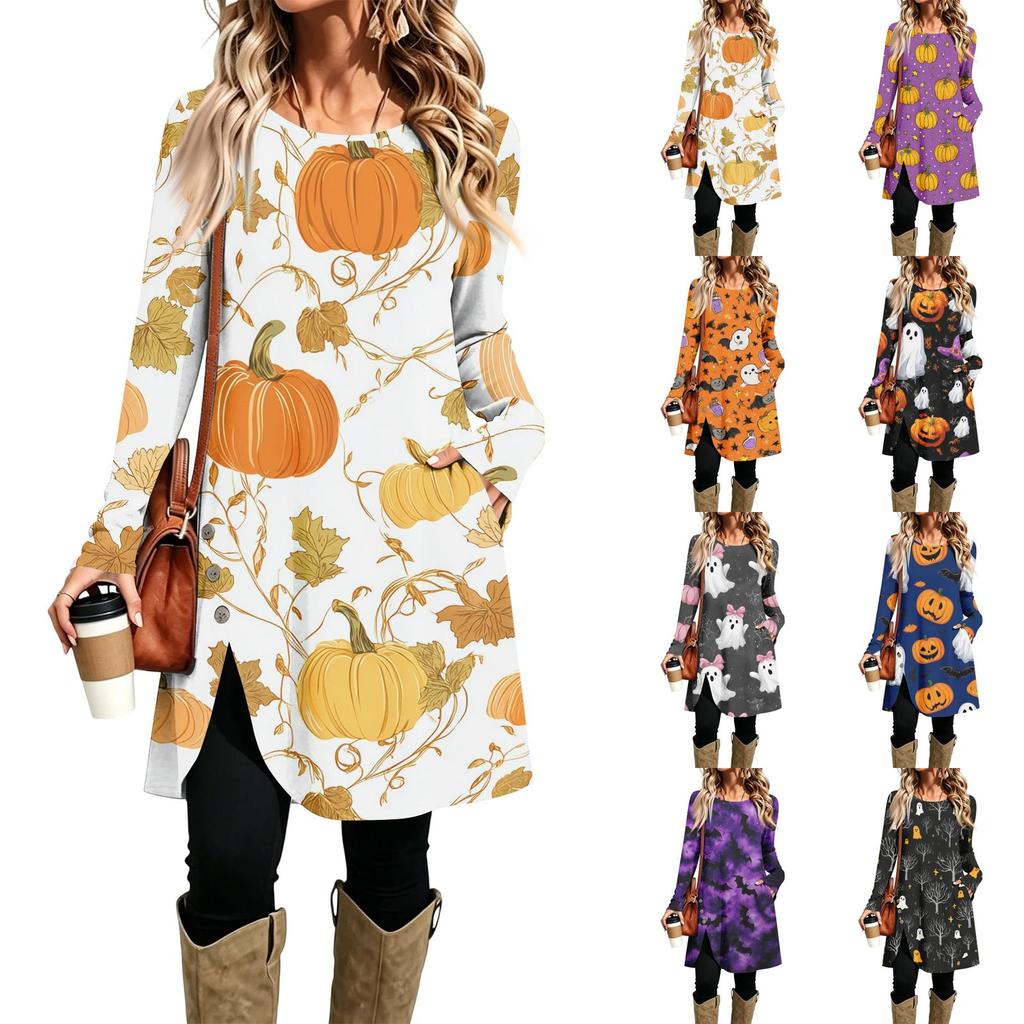 Women's Casual Long Sleeve Printed Round Neck Dress for Everyday Fashion