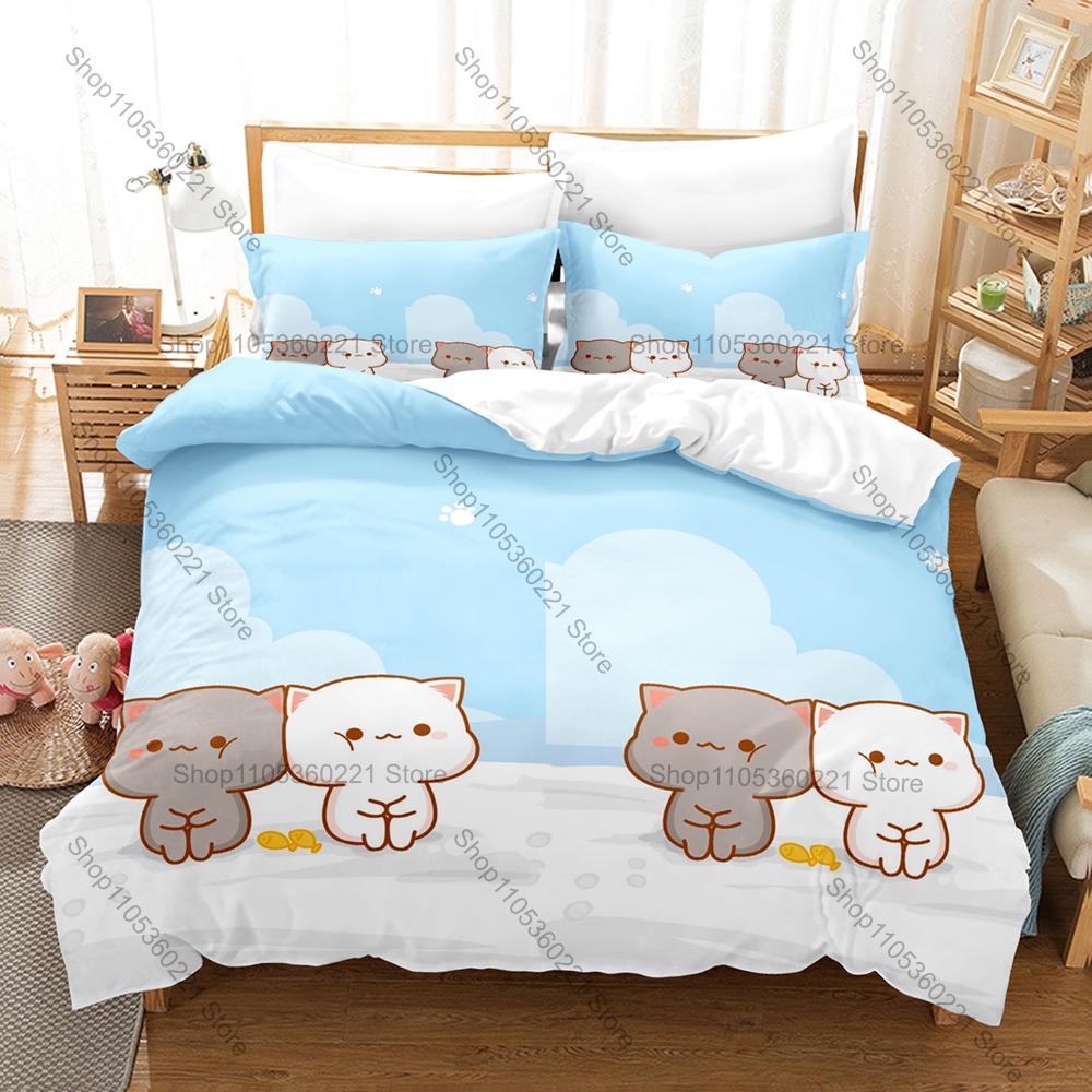 Personality Adorable Peach And Goma Cat Bedding Set New Sweet Couple Printed Duvet Cover Soft Bed Set For Girls Kids Room
