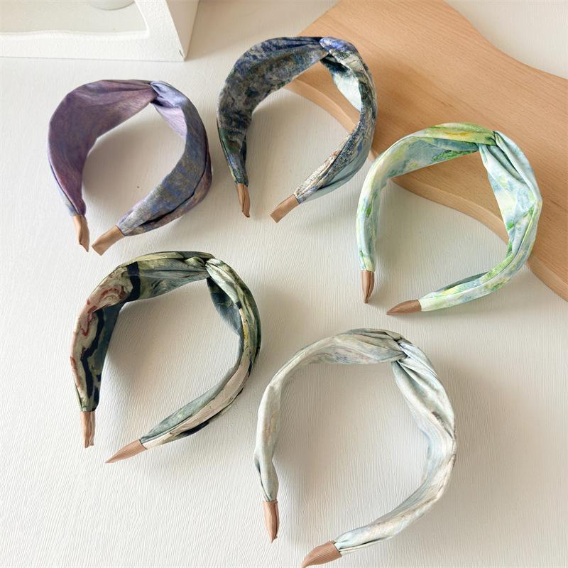 New Fashion Decorate Hair Hoop For Women Artistic Headwear Oil Painting Cross Knot Wide Headband Elegant Thick Hair Accessories